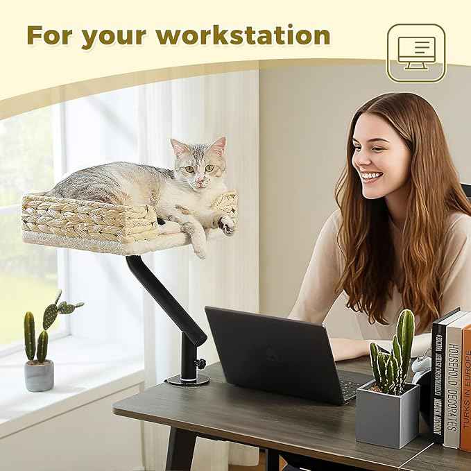 PAWZ Road Cat Desk Bed for Indoor Cats, Wicker Cat Bed for Desk Supports Up to 50 lbs, 360° Rotation & Adjustable Soft Plush Cats Hammock for Desktop, White