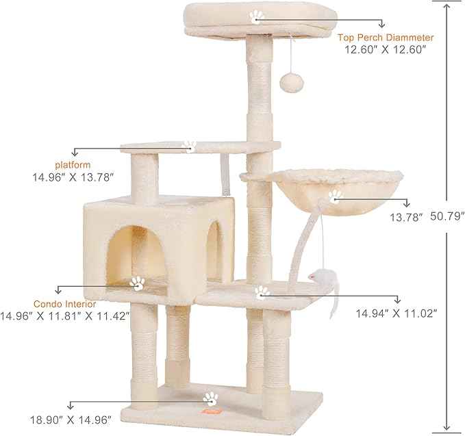 Heybly Cat Tree with Toy, Cat Tower Condo for Indoor Cats, Cat House with Padded Plush Perch, Cozy Hammock and Sisal Scratching Posts, Beige HCT004M
