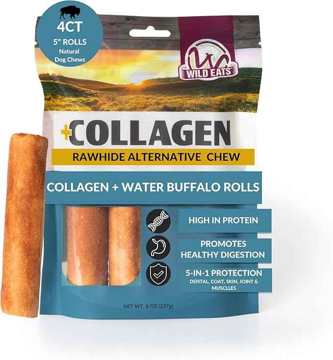 Wild Eats Water Buffalo Flavor Collagen Retriever Style Cheek Rolls 5" Dog Chews-4 Pack (Long Lasting Dog Chews Treats & Bones for Medium Dogs) Substitute for Pig Ears for Dogs
