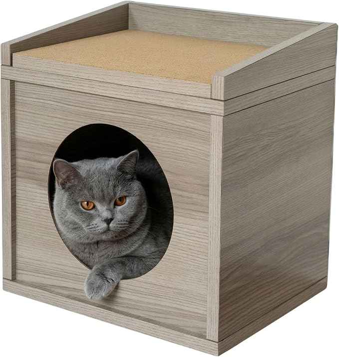 Meowdium Cat House – Cat Condo with Cardboard Scratcher, Scratching Post, Bed & Toy Storage, Cozy Cat Furniture & Accessories for Indoor Cats, Greywood