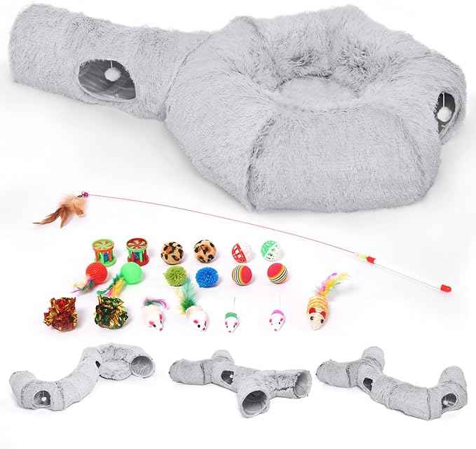 Odoland Cat Tunnels Bed with 1 Straight Tunnel and 20 Pet Toys - 5 Shapes DIY Indoor Cats Cave - Detachable Soft Cat Donut Tunnelset for Kitten Puppy Rabbit Ferret