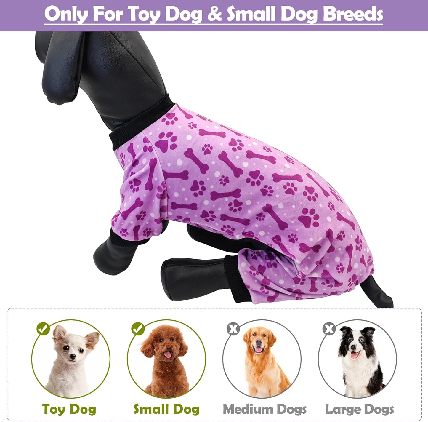 PET SHOW 4 Pack Small Dog Pajamas Paw Bone Patterns Cute Clothes for Medium Dogs Soft Fleece Stretchy PJs 4 Legged Jumpsuit Puppy Cats Onesies Outfits with Sleeve Dachshund Doggies Girl Boy (X-Large)