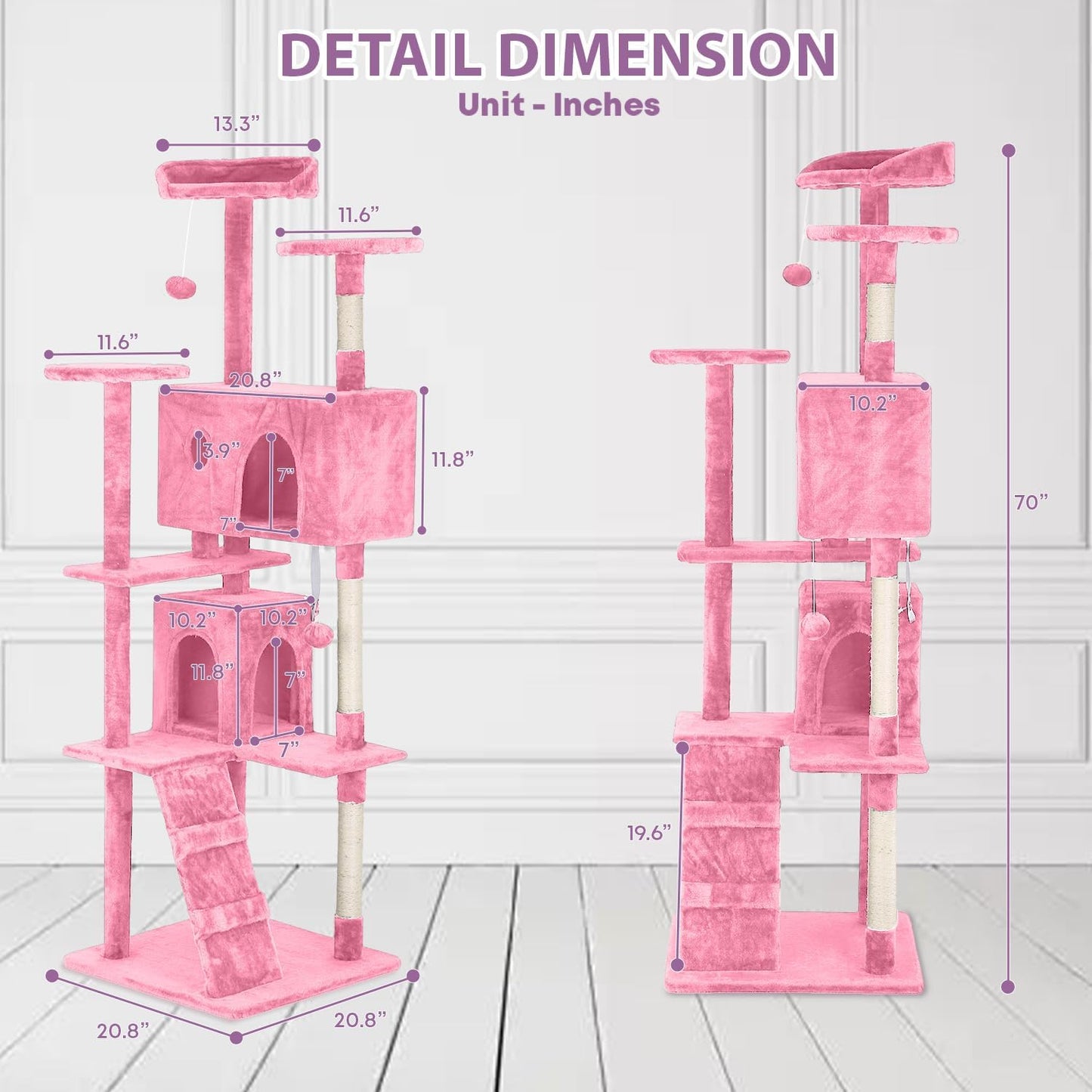 70 inches Cat Tower for Indoor Cats Multi-Level Cat Condos for XL Cat Tree Cat Climbing Tower with Scratching Posts, Hanging Toys,Pink