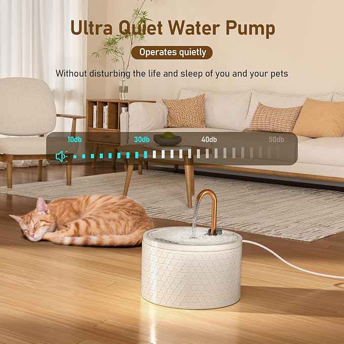 DOOOB Ceramic Cat Water Fountain, 2.1L/71oz Cat Fountain, Automatic Ceramic Water Fountain for Cats, Pet Water Fountain with Ultra-Quiet Pump and 3 Filters & 3 Sponges (Honeycomb Embossed)
