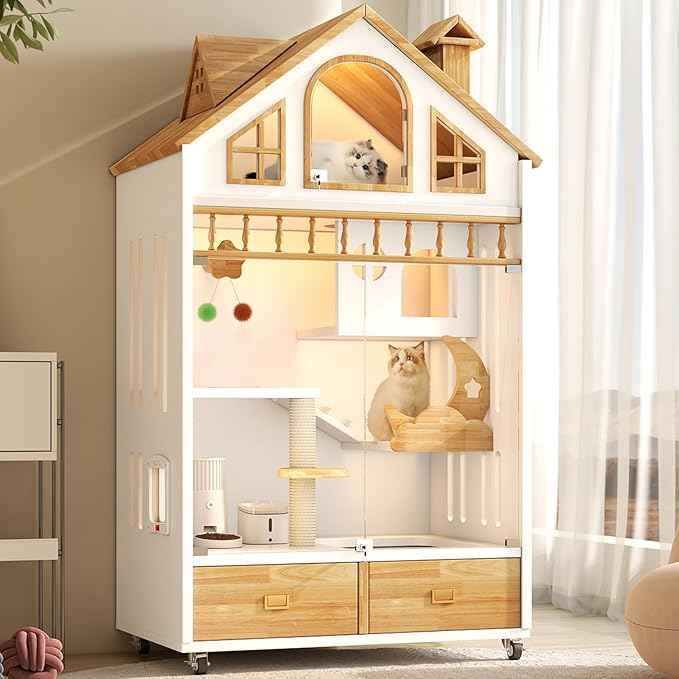 Enclosed Cat Condo, Large Wooden Cats House Indoor Cage Cat Enclosure on Wheels, Multi-Feature Enclosed Condo with Litter Box Drawer for Indoor Cats,63" X 35" X 24" (White, 63" X 35" X 24")
