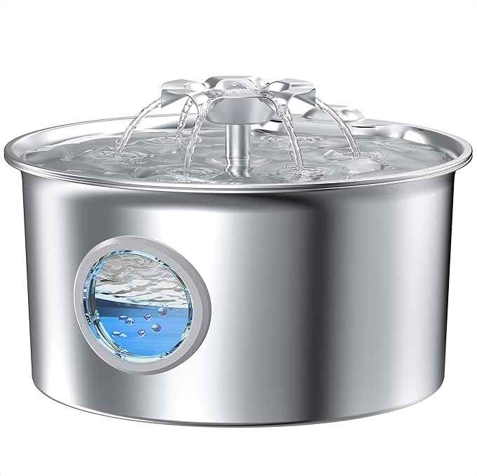 Stainless Steel Cat Water Fountain: 88oz/2.6L Ultra Quiet Pet Fountain with Flower Kitty Spout & LED Blue Light Water Dispenser with Water Level Window for Cats/Dogs Indoor (Silver) - IHOUONE