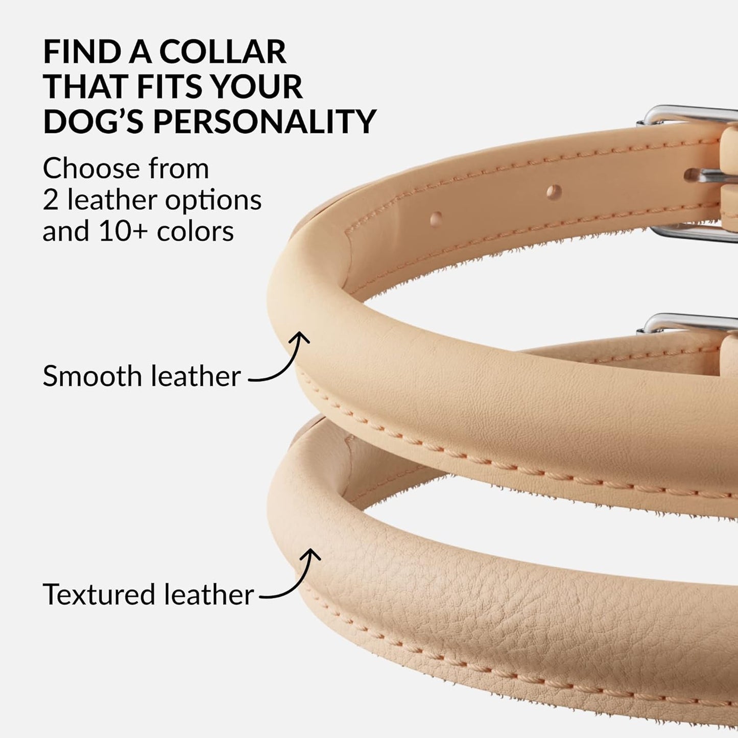CollarDirect Rolled Leather Dog Collar, Soft Padded Round Puppy Collar, Handmade Genuine Leather Collar Dog Small Large Cat Collars 13 Colors (18-22 Inch, Beige Smooth)