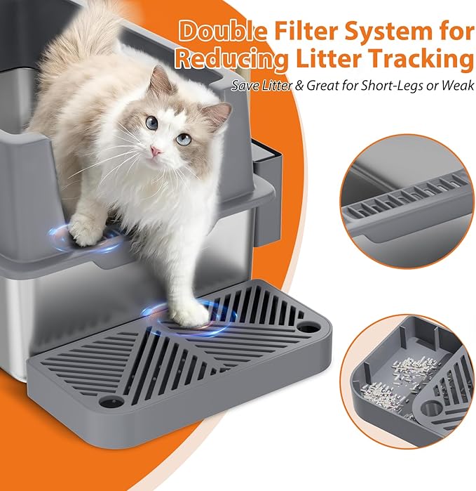Stainless Steel Litter Box with Lid, 2 Pack XL Metal Cat Litter Box with Removable High Sided Enclosed, Foot Pedal & Scoop & Litter Mat for Big Cats, Anti-Urine Leakage, Non-Stick Bottom