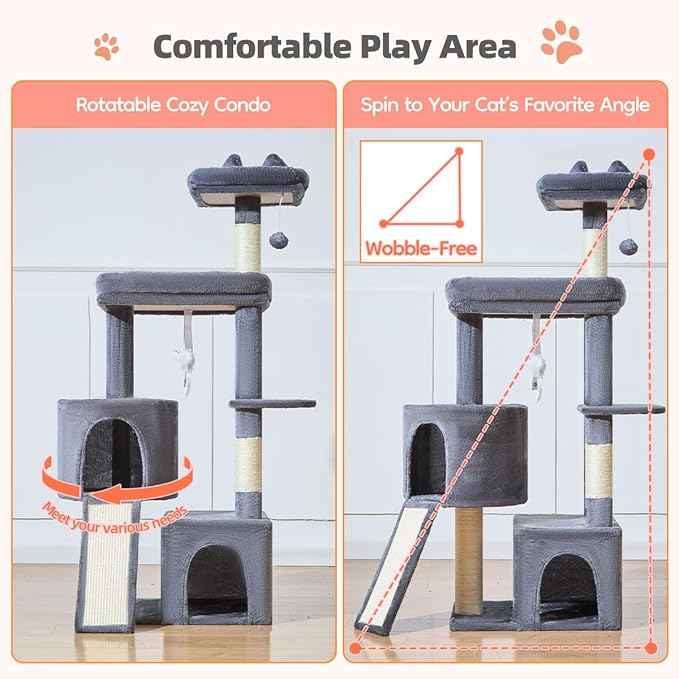 Taoqimiao Cat Tree for Indoor Cats, 55.1In Sturdy Cat Tower, Large Platform, Rotatable Round Condo with Large Scratch Board, Extended Cat House, Thickened Full-Sisal Scratching Post, Smoky Gray, F10G