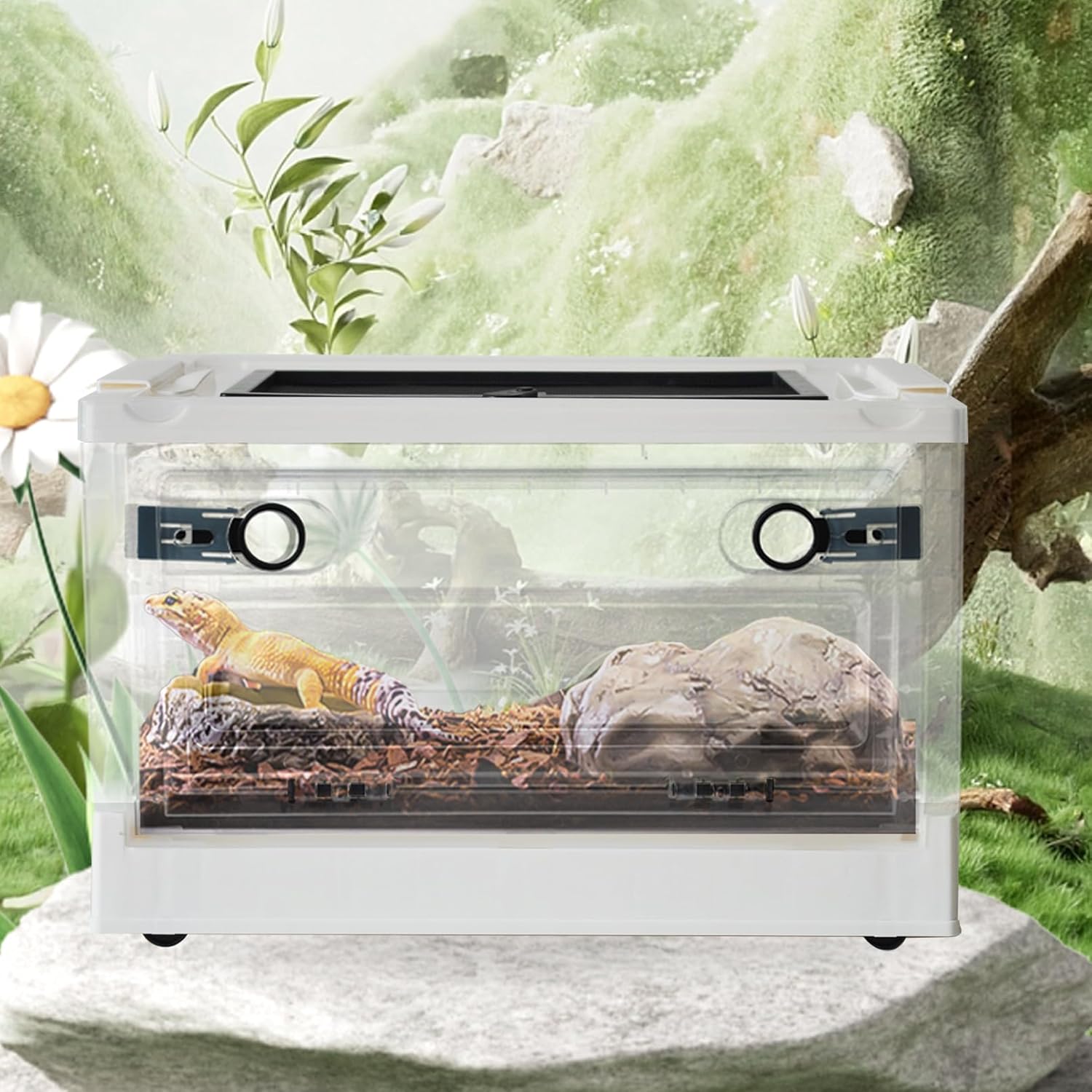 PINVNBY Plastic Reptile Feeding Box with Wheels,Reptiles Breeding Enclosure Cages Transparent Amphibians Habitat Terrarium Tank Portable Transport Container for Lizard,Bearded Dragon(White) - FurryFun