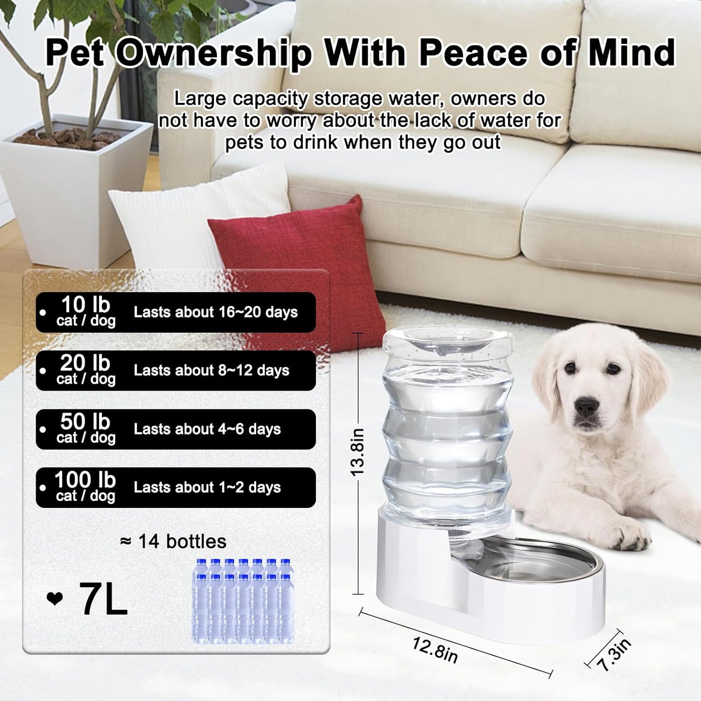 RIZZARI Automatic 7L Pet Waterer,Gravity Stainless Steel Water Dispenser, 100% BPA-Free, Large Capacity Water Feeder for Cats and Medium and Large-Sized Dogs (White,7L)
