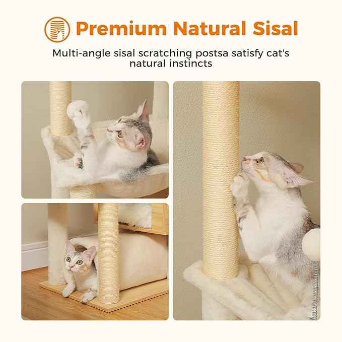 PETEPELA Floor to Ceiling Cat Tree,93.3''-100.8'' Height Adjustable Wooden Cat Tower, Tall Modern Climbing Tree with Large Hammock, Soft Perch and Scratching Post for Indoor Cats Large Adult, Beige