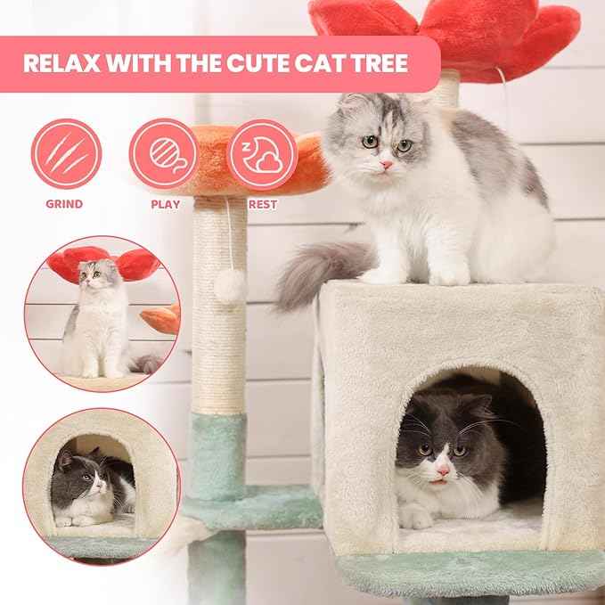 HYABi 48-inch Modern Cat Tree with Hanging Basket & Flower Design, Multi-Level Cat Tower with Plush Perches, Sisal Scratching Posts & Toy Balls, Stylish Indoor Playhouse for Cats & Kittens