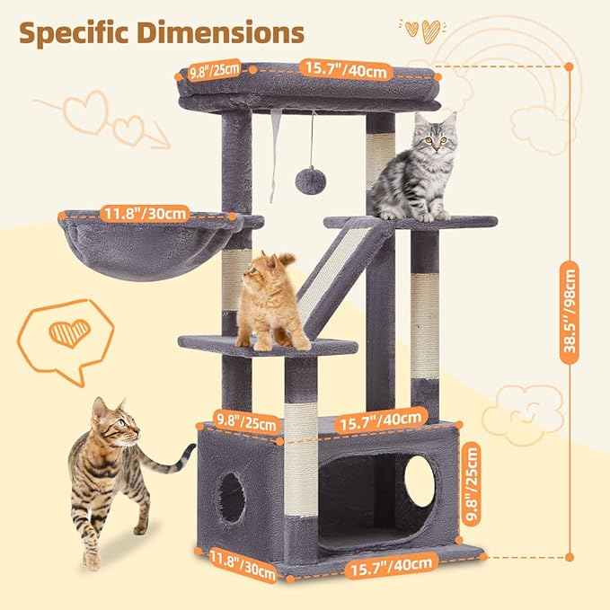 Taoqimiao Cat Tree,38.5-Inch Cat Tower for Indoor Cats,Suitable for Kittens with Luxurious cat condo with Adjustable Baskets and Luxurious Perch MS029SG Smoky Gray