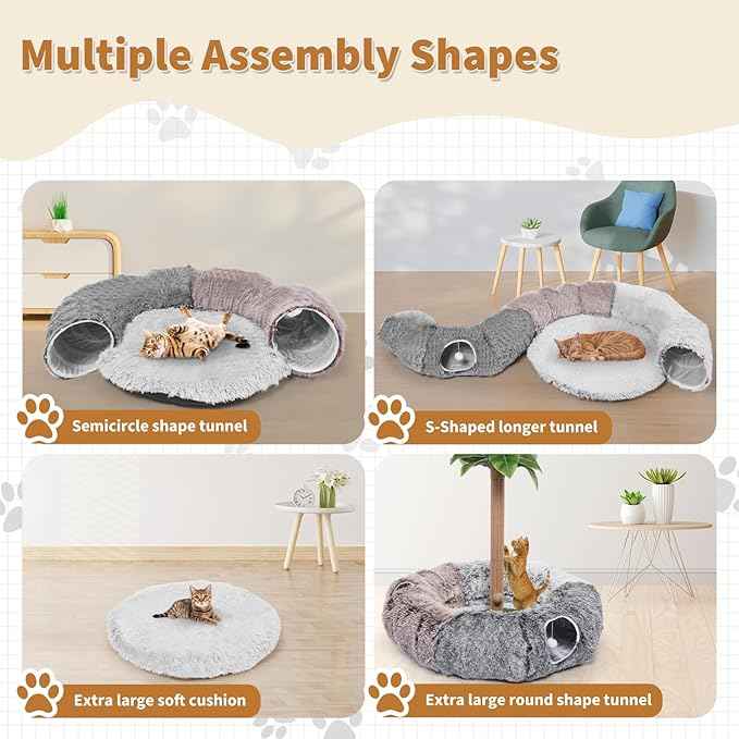 Odoland Large Cats Tunnels for Indoor Cats Fluffy Warm Cat Bed and Detachable Cave Tunnels with 20 Pet Toys, Donut Tunnel and Variety Kitten Toy Set for Chewing Playing