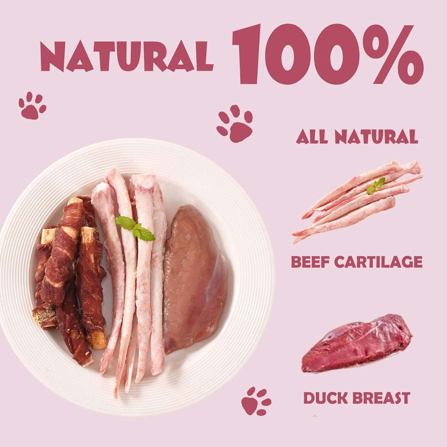 ASMPET Dog Treats, Duck Wrapped Beef Cartilage, Rawhide Free & Grain Free Dog Snacks