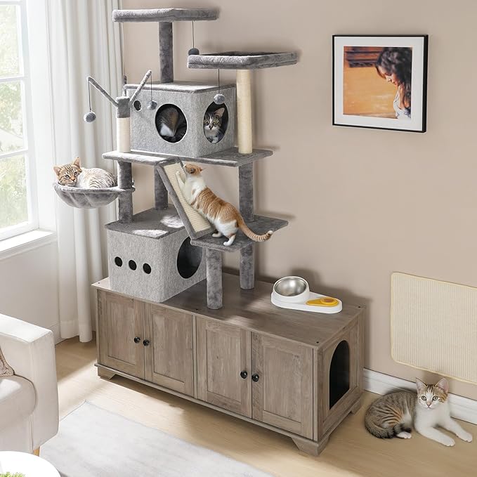 HOOBRO Double Litter Box Enclosure with Cat Tree, 45.3" L x 17.7" W x 68.9" H All-in-One Modern Cat Tower with Bed, Hidden Litter Box Enclosure Furniture, with Hammock, Sisal Posts, Greige BG22MZ03