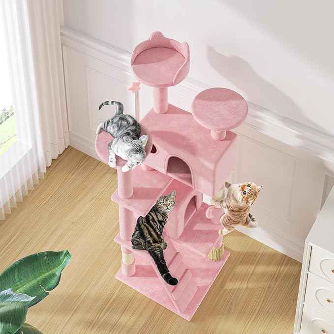 MoNiBloom 54 Inch Cat Tree Tower for Indoor Cats Large Adults, Pink Cat Tower with Scratching Post, Multi-Level Furniture Activity Center with Cat Condo Pet Play House, Soft Pink