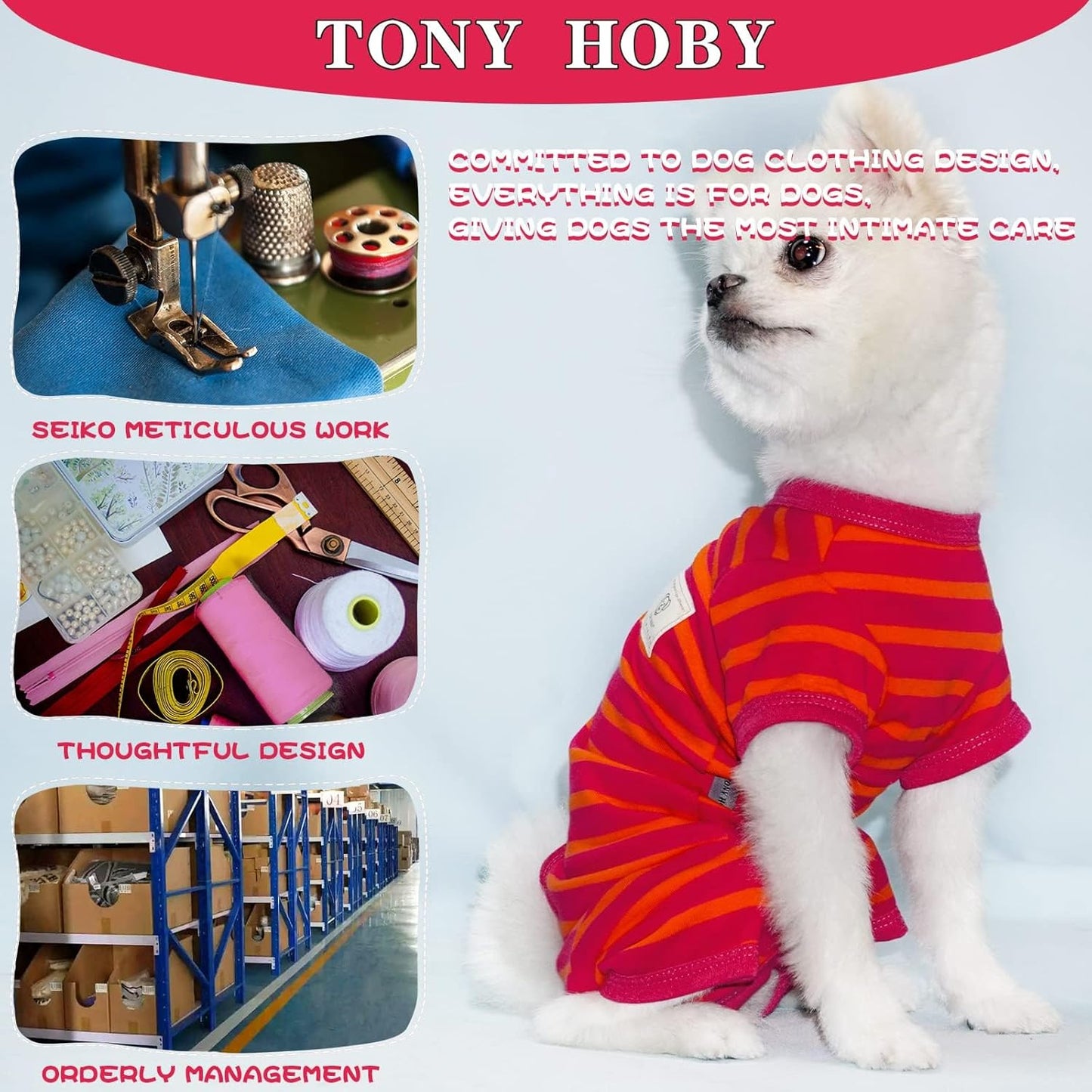 TONY HOBY Dog Pajamas, Female/Male Dog 4 Legged Pajamas, Soft Cotton Dogs Jumpsuit with Stripes (Rose Red&Orange, Girl, XS)