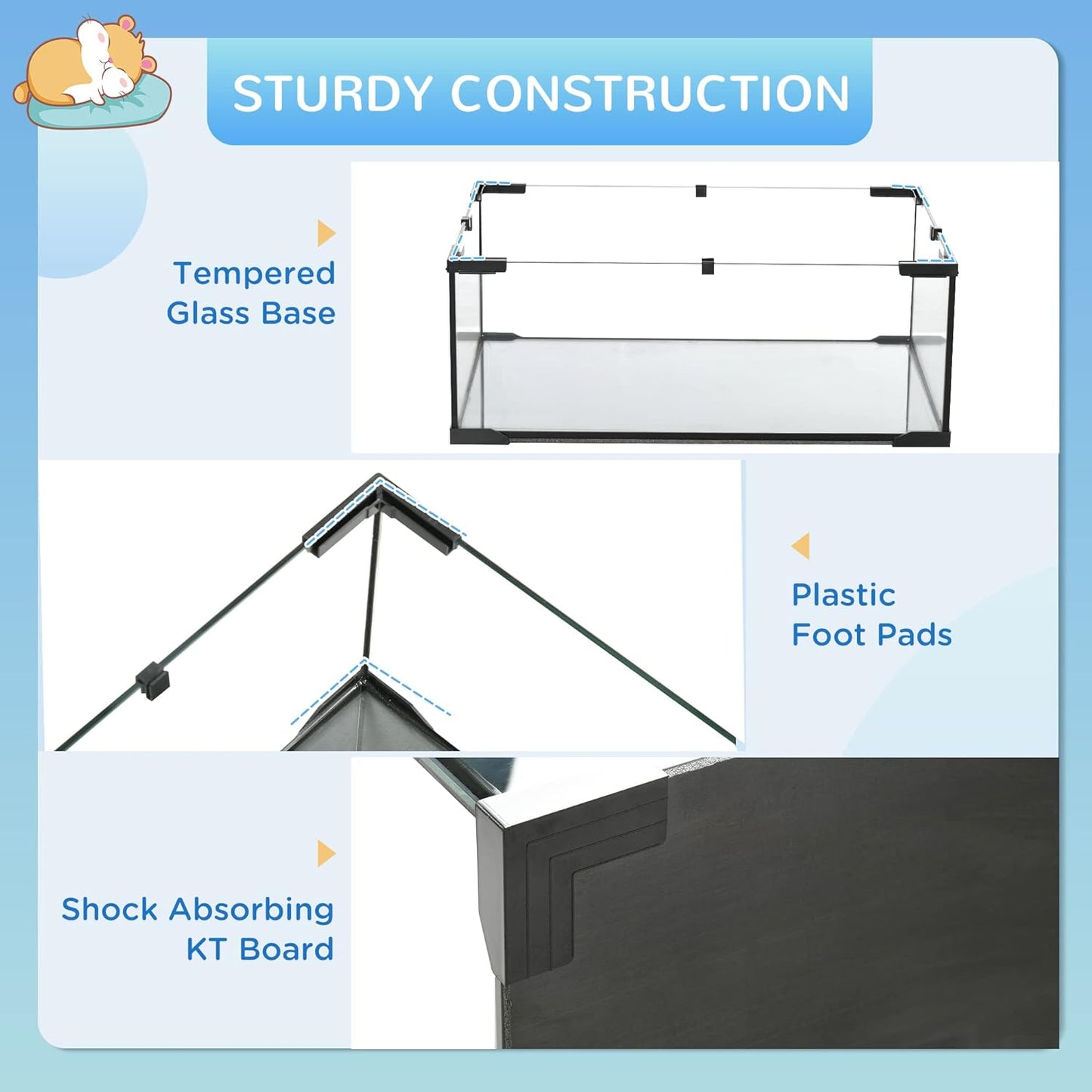 PawHut Large Hamster Cage with Deep Tempered Glass Bottom, 3 Tiers Hamster Tank with Running Wheel, Hut, Water Bottle, Dish, Rat Cage for Syrian, Dwarf, Gerbils, Mouse, 23.5" x 16" x 22.5", Black
