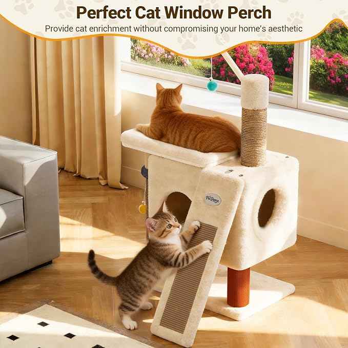 PetDance 37in All-in-1 Small Cat Tree for Indoor Cats | Space-Saving Cat Tower with Cozy Condo, Cat Window Perch, Sisal Scratching Posts, Interactive Ball Track Toy & Self-Grooming Brush,Beige