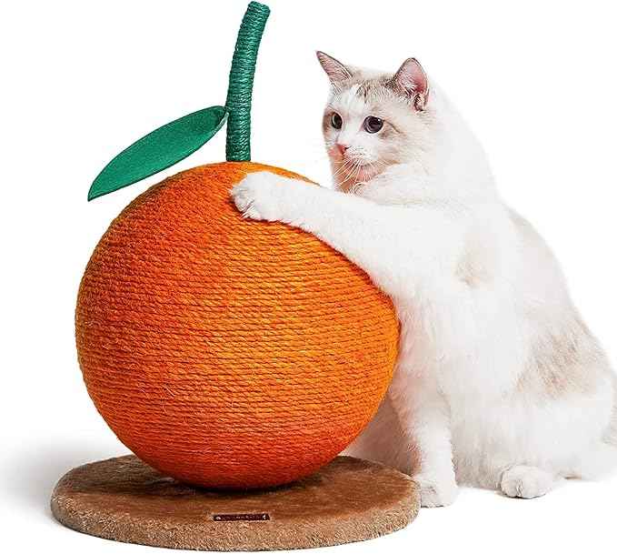 VETRESKA Orange Cat Scratching Post, Cute Cat Scratcher with Jute Rope, Vertical Cat Scratch Post for Indoor Cat and Kitten, Cat Scratching Ball