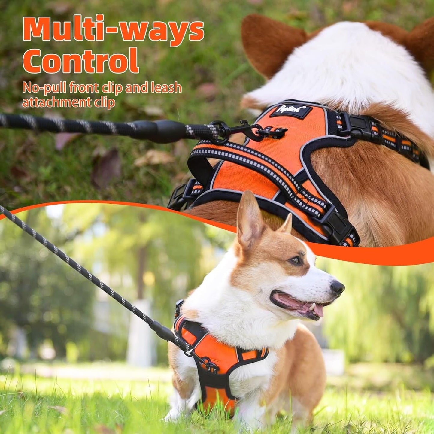 PUPTECK No Pull Dog Harness for Large, Adjustable Reflective Dog Harness with Handle Easy Control, Comfortable Soft Padded Pet Vest Harness for Large Dogs, Orange L