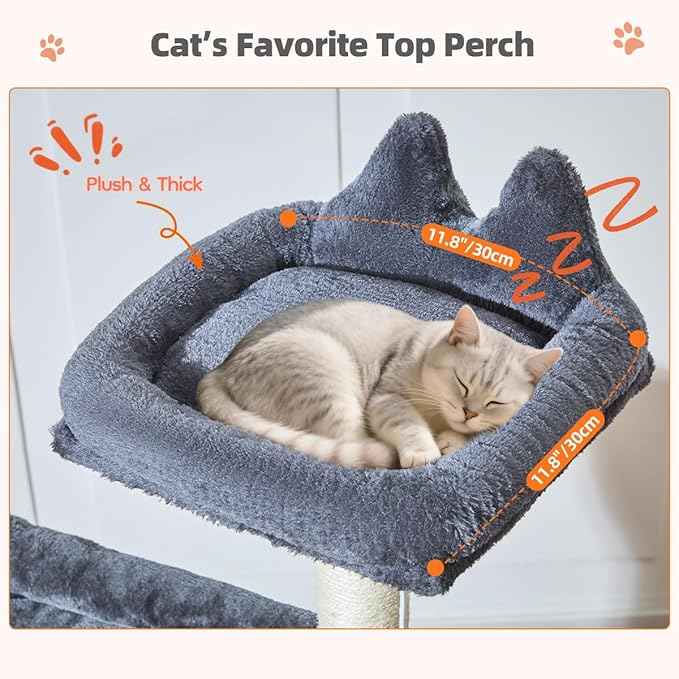 Taoqimiao Cat Tree for Indoor Cats, 55.1In Sturdy Cat Tower, Large Platform, Rotatable Round Condo with Large Scratch Board, Extended Cat House, Thickened Full-Sisal Scratching Post, Smoky Gray, F10G
