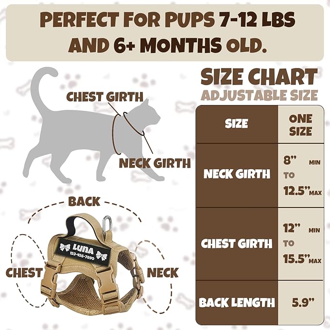 Custom Black Tactical Cat Harness and Leash Escape Proof Adjustable Vest with Reflective Strips and Personalized Patch Soft Breathable Outdoor Gear for Walking Training Fits Cats 7-12 lbs