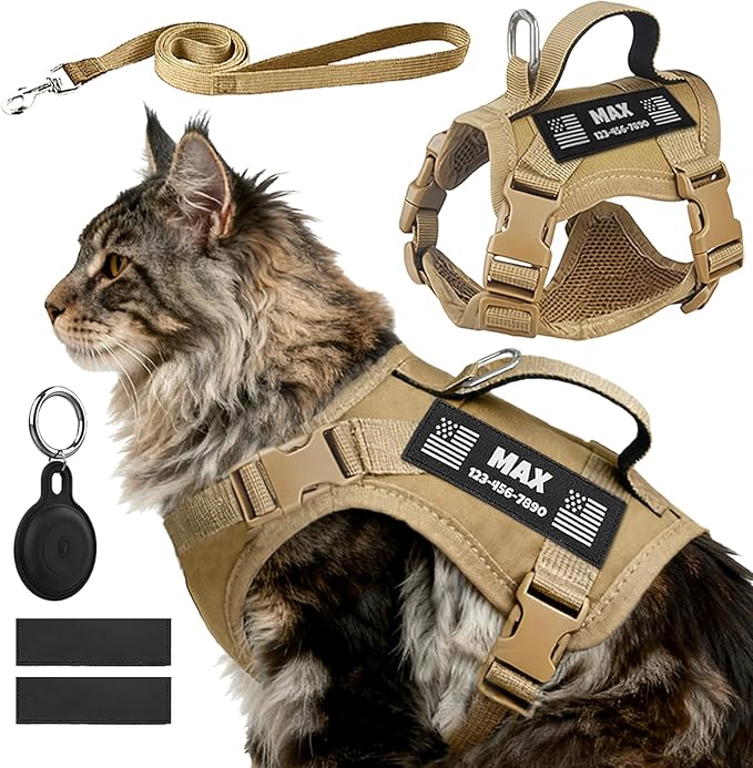 Custom Khaki Tactical Cat Harness and Leash Escape Proof Adjustable Vest with Reflective Strips and Personalized Patch Soft Breathable Outdoor Gear for Walking Training Fits Cats 7-12 lbs