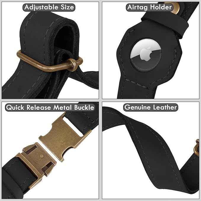 AirTag Dog Collar - Genuine Leather Dog Collar with Apple AirTag Holder and Metal Buckle - Smart GPS Tracking Pet Collars (Black, S, 12"-15" Neck Fit)