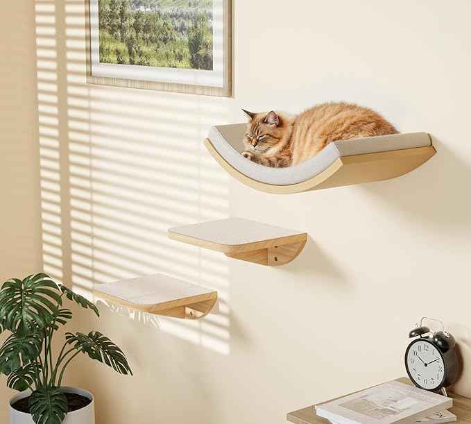 Wall Mounted Cat Steps 2 Pack – Square Wood Cats Shelves with Felt Cushions for Climbing, Jumping & Resting