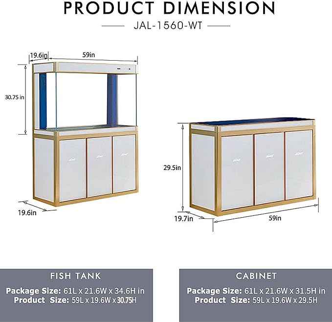 175 Gallon Glass Aquarium with Aluminum Cabinet - Including Sump for Filtration and Circulation, Plumbing, LED, White with Gold Trim