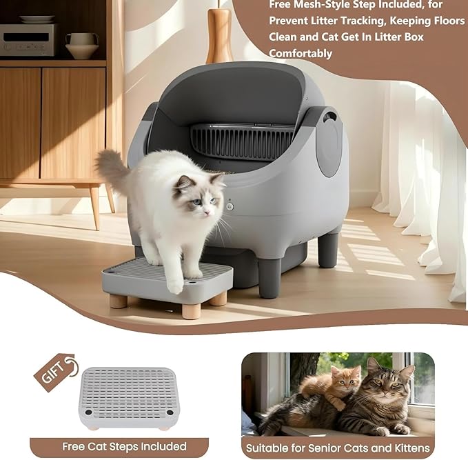 Automatic Litter Box with Raised Step, for Multiple Cats, Open Top Large Capacity Self Cleaning Litter Box, Safety Protection, Smart App Control, Odor-Free & Health Monitoring & Quiet Operation