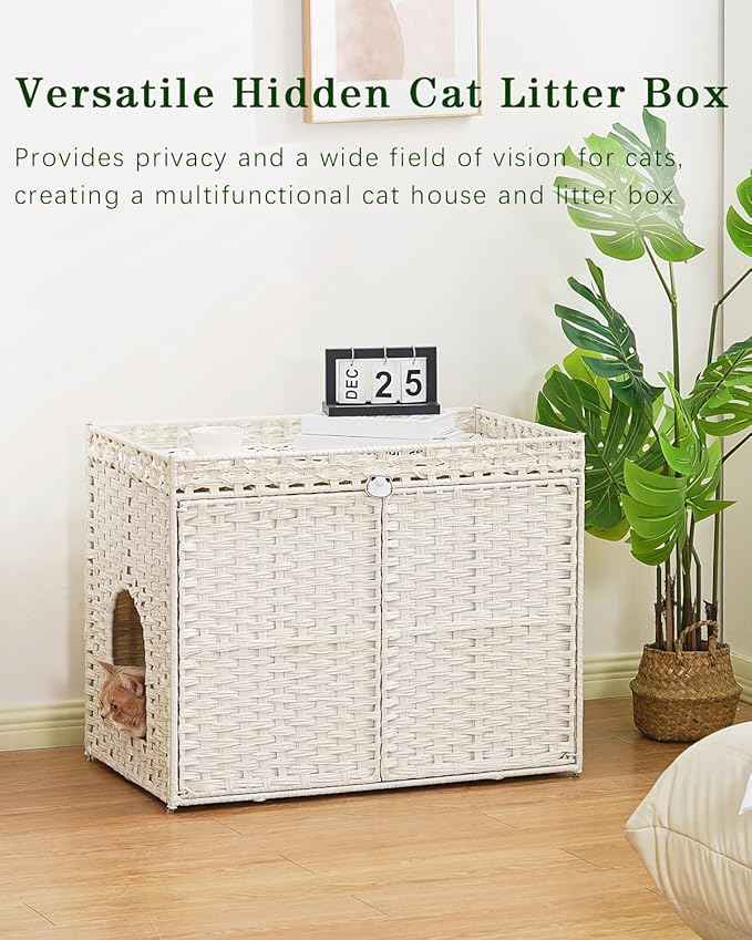 Cat Litter Box Enclosure Furniture, Handwoven Rattan Hidden Litter Box with Mat, Large Space Cat House with 2 S-Shaped Hooks 30.3 x 18.3 x 24.4 Inches, Indoor for Living Room Apartment White