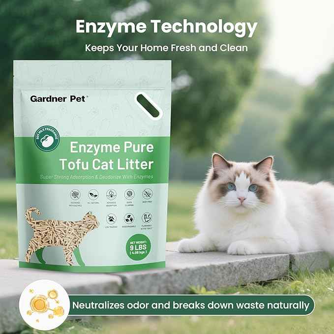 Gardner Pet Tofu Cat Litter, Cat Litter Flushable Clumping Cat Litter, Low Dust, Odor Control, Plant-Based Natural Kitten Litter with Fast Absorption & Low Tracking (9LBS)