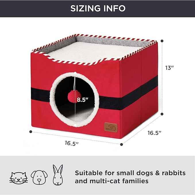 Bedsure Cat Beds for Indoor Cats - Large Cat Cave for Pet Cat House with Fluffy Ball Hanging and Scratch Pad, Foldable Cat Hideaway, 16.5x16.5x13 inches,Red