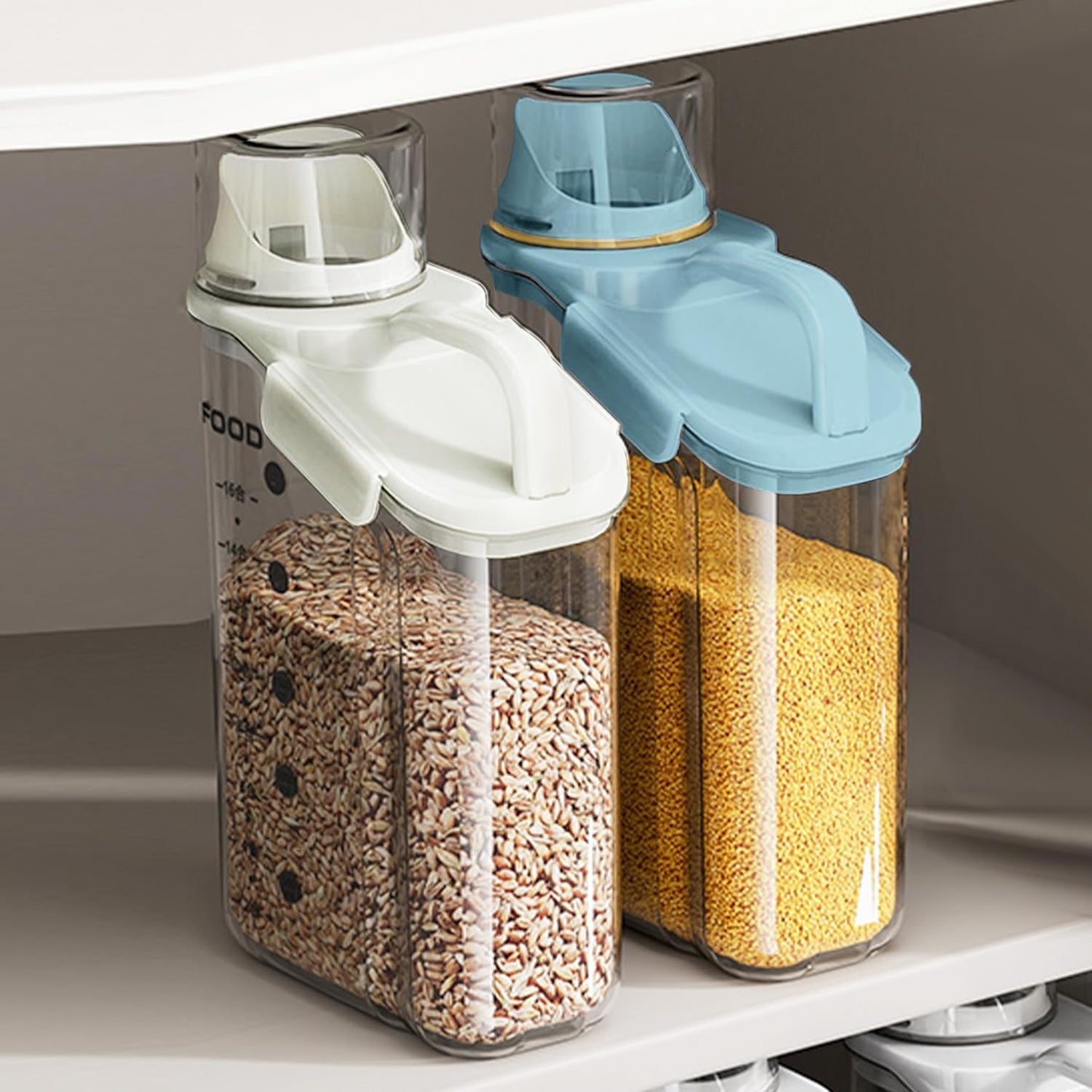 2 PCS Airtight Storage Containers, 2.8L/95fl.oz Cereal Rice Holder, Dog Cat Food Dispenser with Measuring Cup, BPA Free Clear Plastic Kitchen Pantry Organization Bin, 1 Blue+1 White