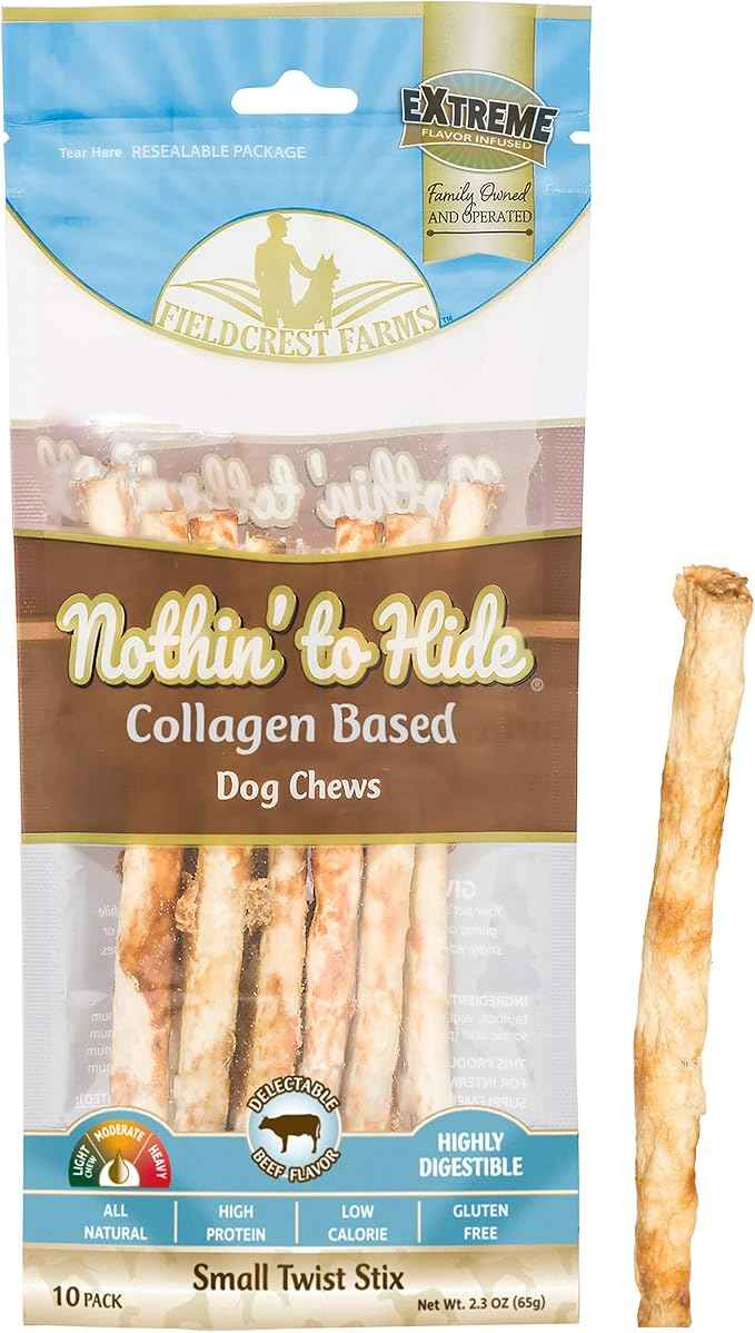 Fieldcrest Farms Nothin' to Hide Twist Stix, Beef Flavor, Easily Digestible, Supports Skin, Coat, Joints & Muscles, for Moderate Chewers Under 15lbs, 10 Pieces