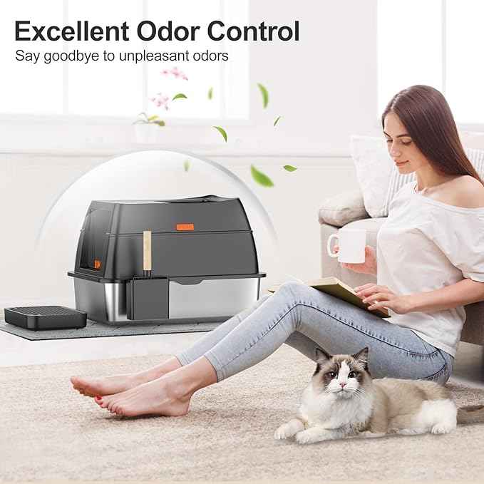 Stainless Steel Litter Box with Lid,Front Entry Top Exit Kitty LitterBox,Extra Large Enclosed Metal Cat Box with Litter Scoop & Litter Mat-Black