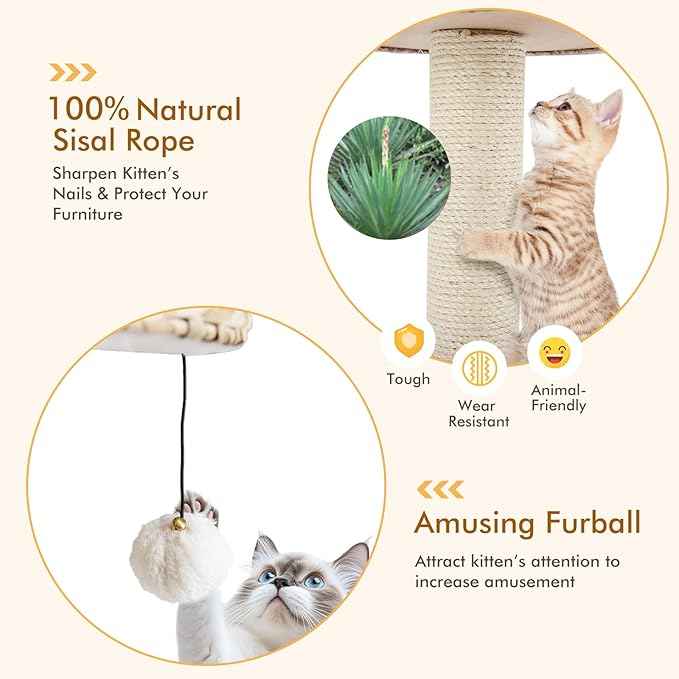 PETSITE 28-inch Modern Cat Tree, Small Cute Cat Tower Sisal Scratching Post, Hand-Made Wicker Condo and Top Perch, Interative Dangling Ball, Ideal for Indoor Cats