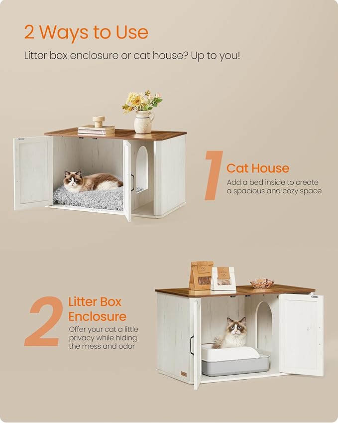 Feandrea Litter Box Enclosure, Modern Cat Litter Box Furniture Hidden, Front Entry, Double Doors, Handles, Cat House, Side End Table, 33.5 x 19 x 19.5 Inches, Honey Brown and Rustic White UPCL012K01
