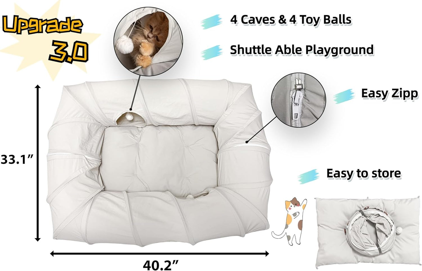 XxingSheep 4 Ways Shuttled XL Cat Tunnel Bed for Indoor Cats Peekaboo Cat Cave Donut with Cool Mat
