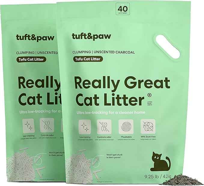 Tuft & Paw Really Great Cat Litter, Ultra Low Tracking Tofu Cat Litter, Clumping, Flushable, Odor Control, Dust-Free, Unscented - 9.25lbs x 2Bags (Charcoal)
