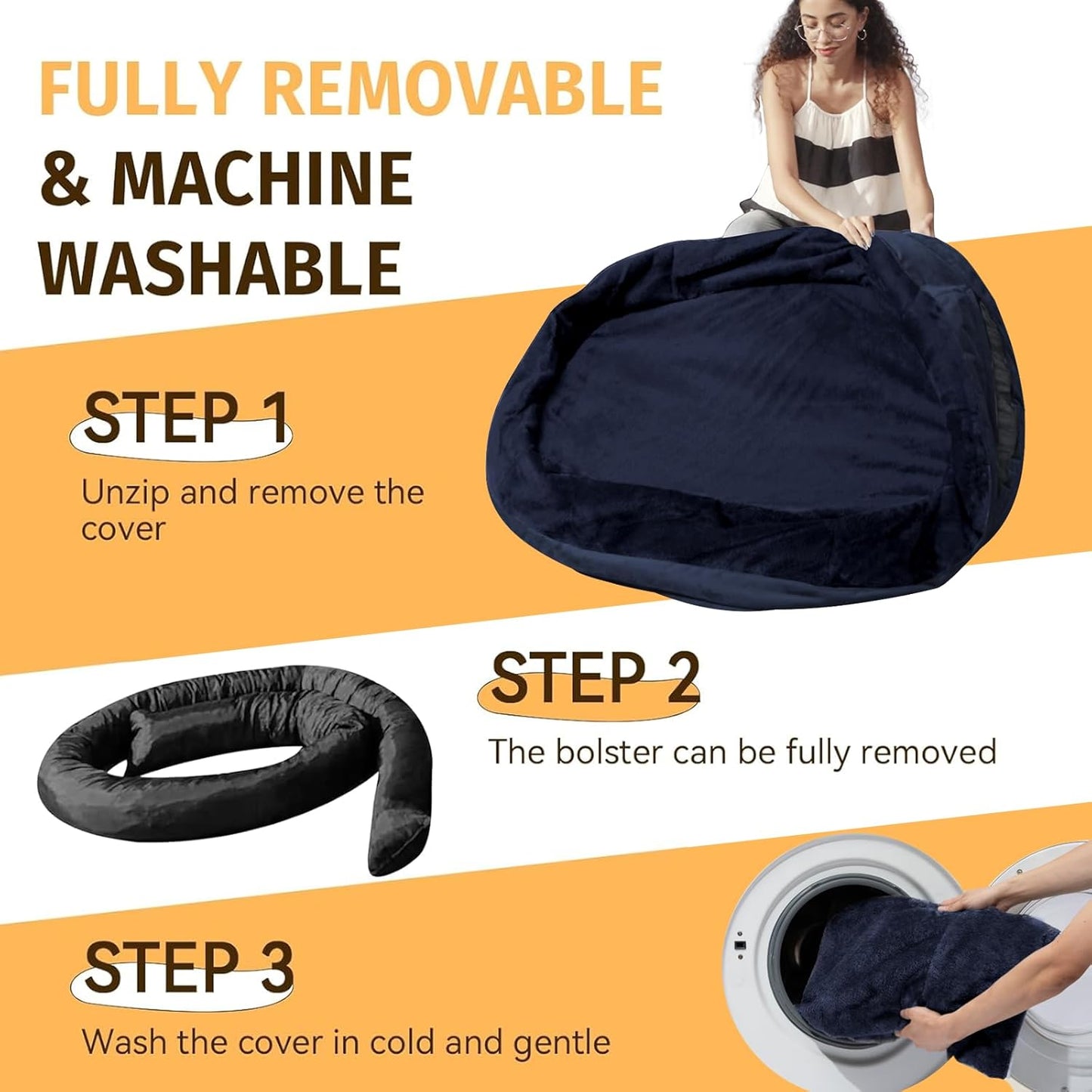 Orthopedic Washable Large Dog Bed: Cooling Dog Bed with Bolsters - Jumbo Bed Waterproof Removable Cover Non-Slip Pet Bed for Extra Large Sized - Navy