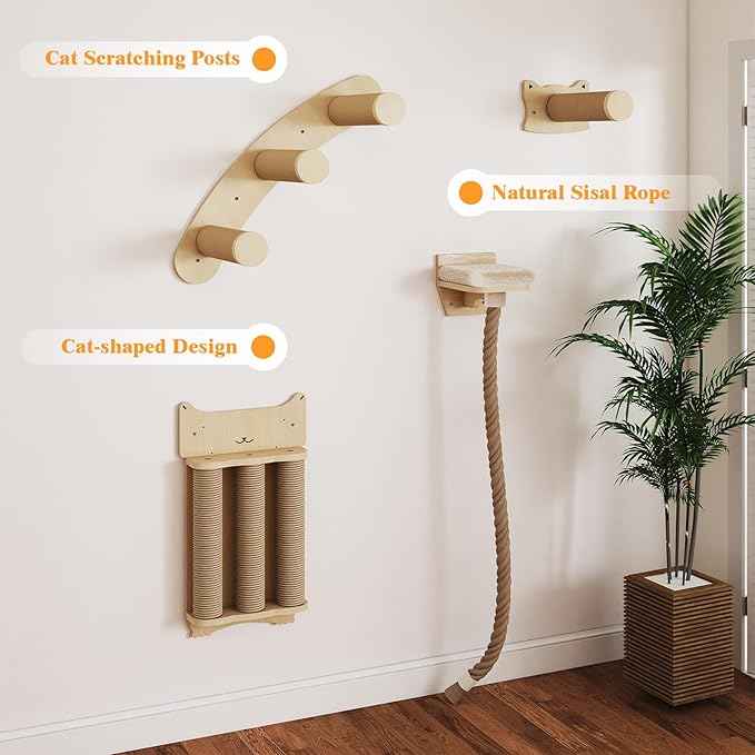 BYBYME 8 Pcs Cat Wall Climbing Set, Wood Cat Furniture with Scratching Posts, Kitten Perch, 100CM Sisal Rope & Cat Bed, Wall Mounted Cat Shelves for Sleeping, Playing & Relaxing（Natural Wood）
