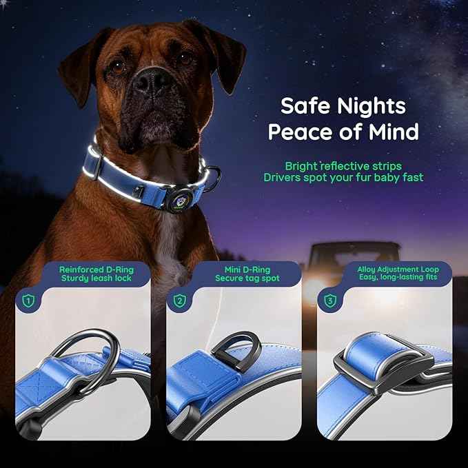 WhoseID Premium Leather Dog Collar for Large Dogs - IPX8 Waterproof AirTag Dog Collar | Magnetic Buckle Heavy Duty Collar | 450LB Escape-Proof | Reflective Dog Collar with AirTag Holder