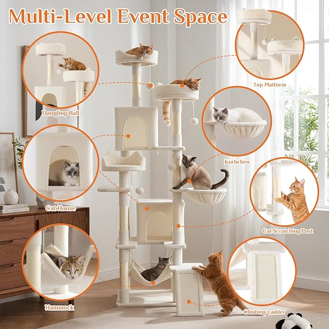 DUMOS Tall Cat Tree 75 Inch, Large Multi-Level Cat Tree Tower with Condo, Perches, Sisal Scratching Posts Board and Hammock, Pet Play House with Dangling Balls for Indoor Cats, Beige