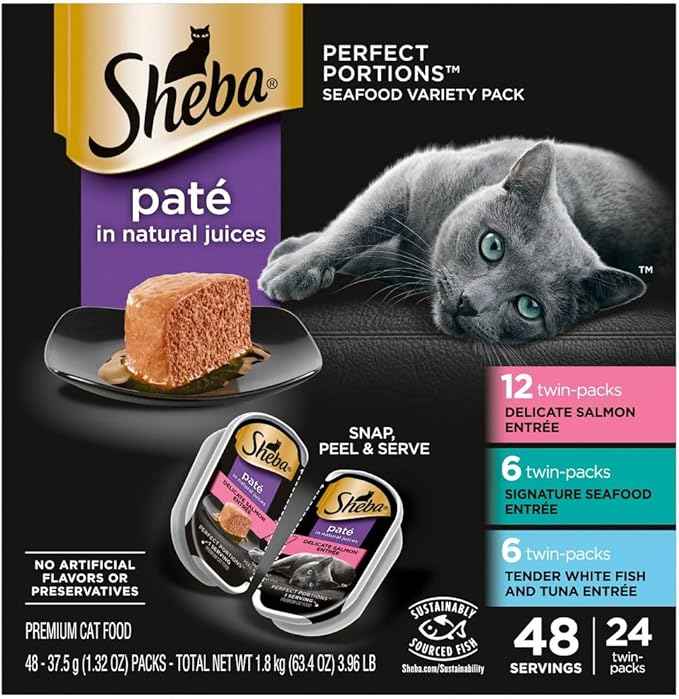 Sheba Perfect Portions Wet Cat Food Pate with Sustainable Salmon, Signature Seafood Entree, and Tender White Fish and Tuna Entree Variety Pack, 2.6 oz. Twin Pack Trays (24 Count, 48 Servings)