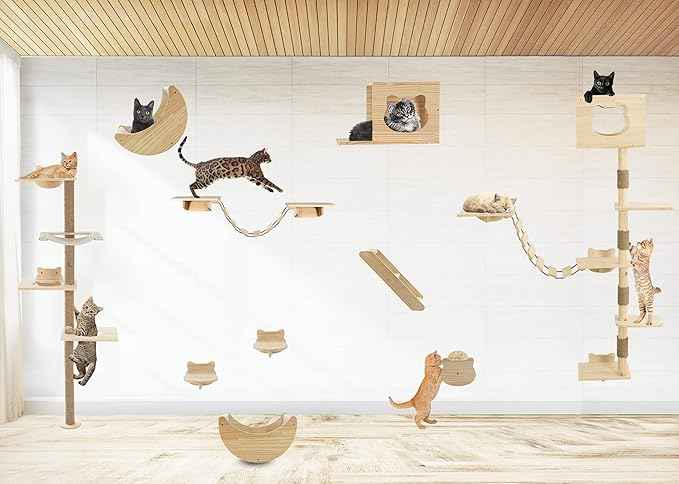 Cat Tree Wall Mounted,Tall Scratching Post for Indoor Cats Climbing Tower Activity Wood Cat Wall Furniture(Wood)